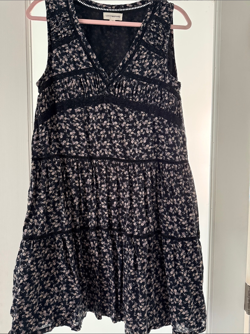 Lucky Brand Black Floral Lace-Trim Tiered Mini Dress